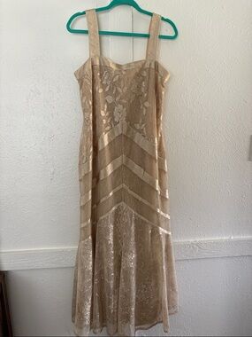 Elegant Gold Floral Lace Maxi Dress with Wide Straps